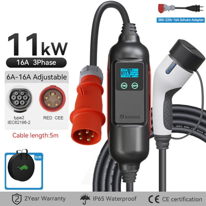 Carregador EV Portátil Khons 11kW 16A Trifásico Type 2
