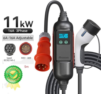 Carregador EV Portátil Khons 11kW 16A Trifásico Type 2