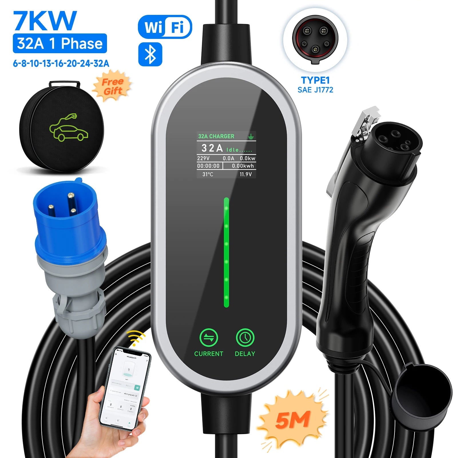 Carregador EV Portátil 7kW 32A Type 2 — Wi - Fi & App | Corrente Ajustável - IKERO.ENERGY