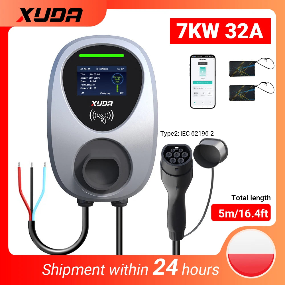 Wallbox XUDA 7.6kW / 22kW Type 2 | Wi-Fi + APP + RFID | IP65 | Cabo 5m