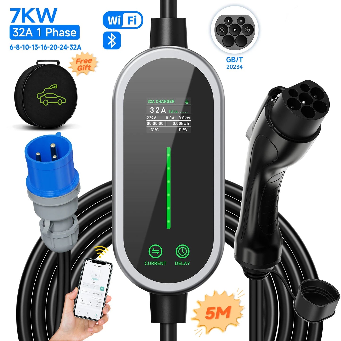 Carregador EV Portátil 7kW 32A Type 2 — Wi - Fi & App | Corrente Ajustável - IKERO.ENERGY