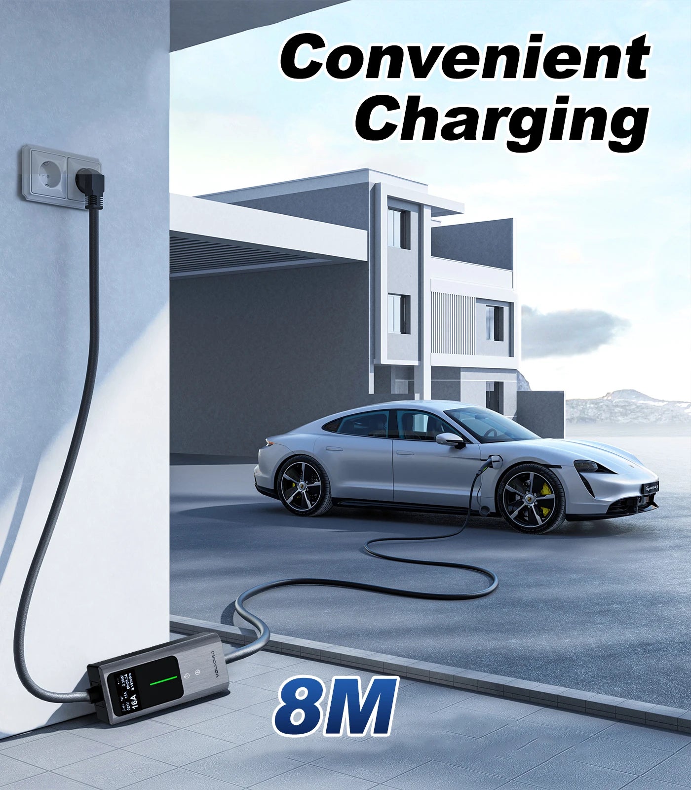 Carregador EV Portátil VDL 3.6kW 16A Tipo 2 | Cabo 8m | Corrente Ajustável | IP65 | Schuko