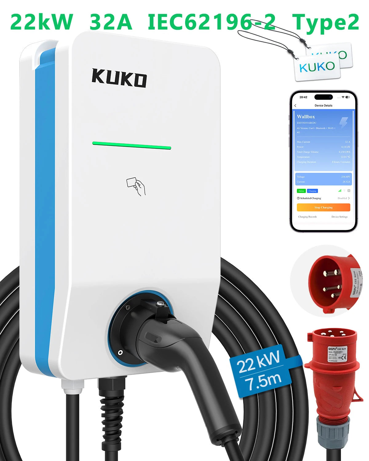 Wallbox KUKO 7 / 11 / 22kW Type 2 | Wi-Fi / 4G+Wi-Fi | Monofásico e Trifásico | APP