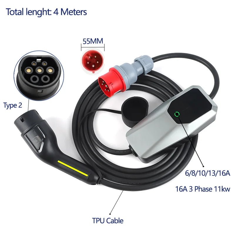 Carregador EV Portátil Trifásico 11kW 16A Type 2 - Carregamento Rápido - IKERO.ENERGY