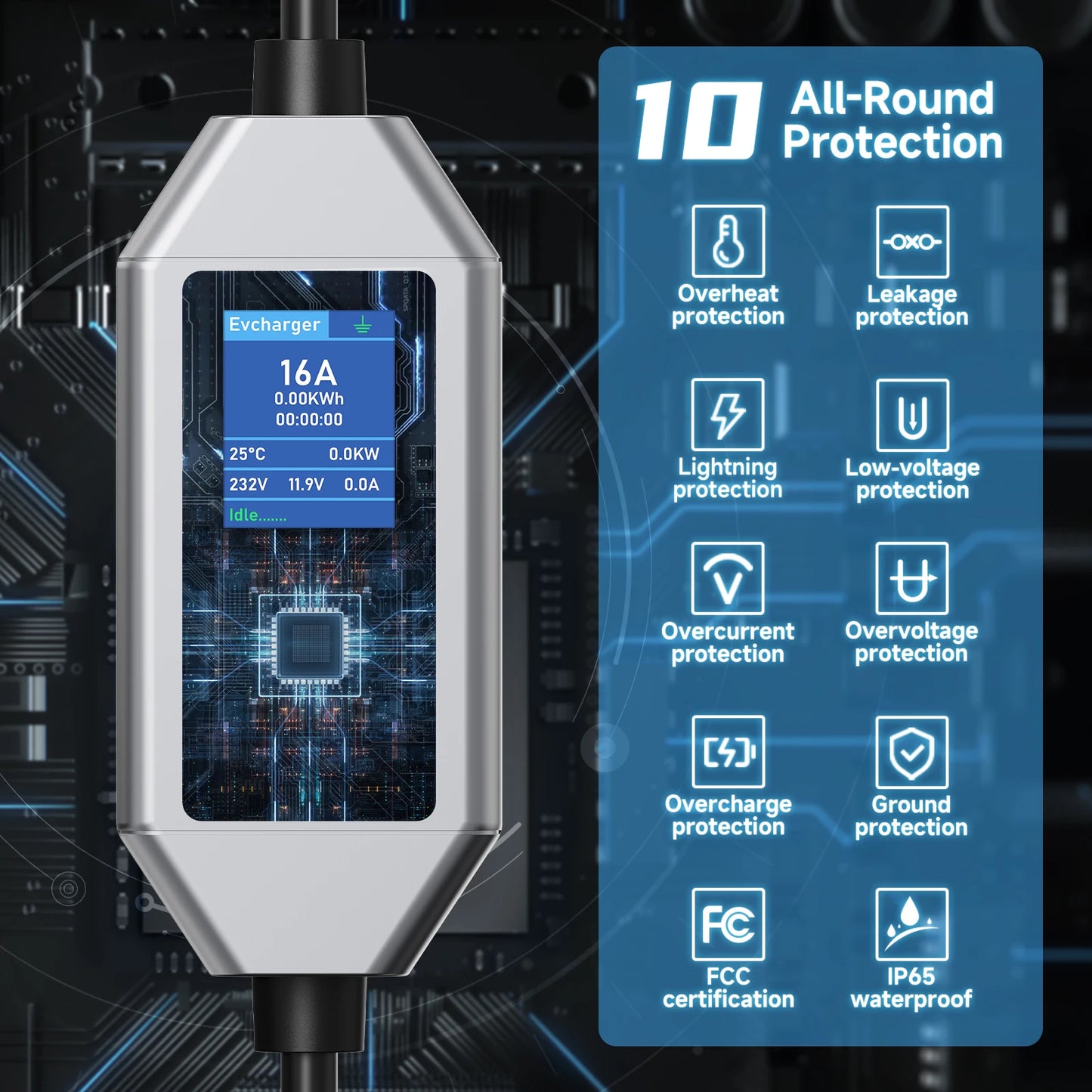 Carregador EV Portátil AFEEV 22kW 32A Trifásico Tipo 2 | Wi-Fi + Bluetooth + APP | IP66 | Cabo 5m | CEE