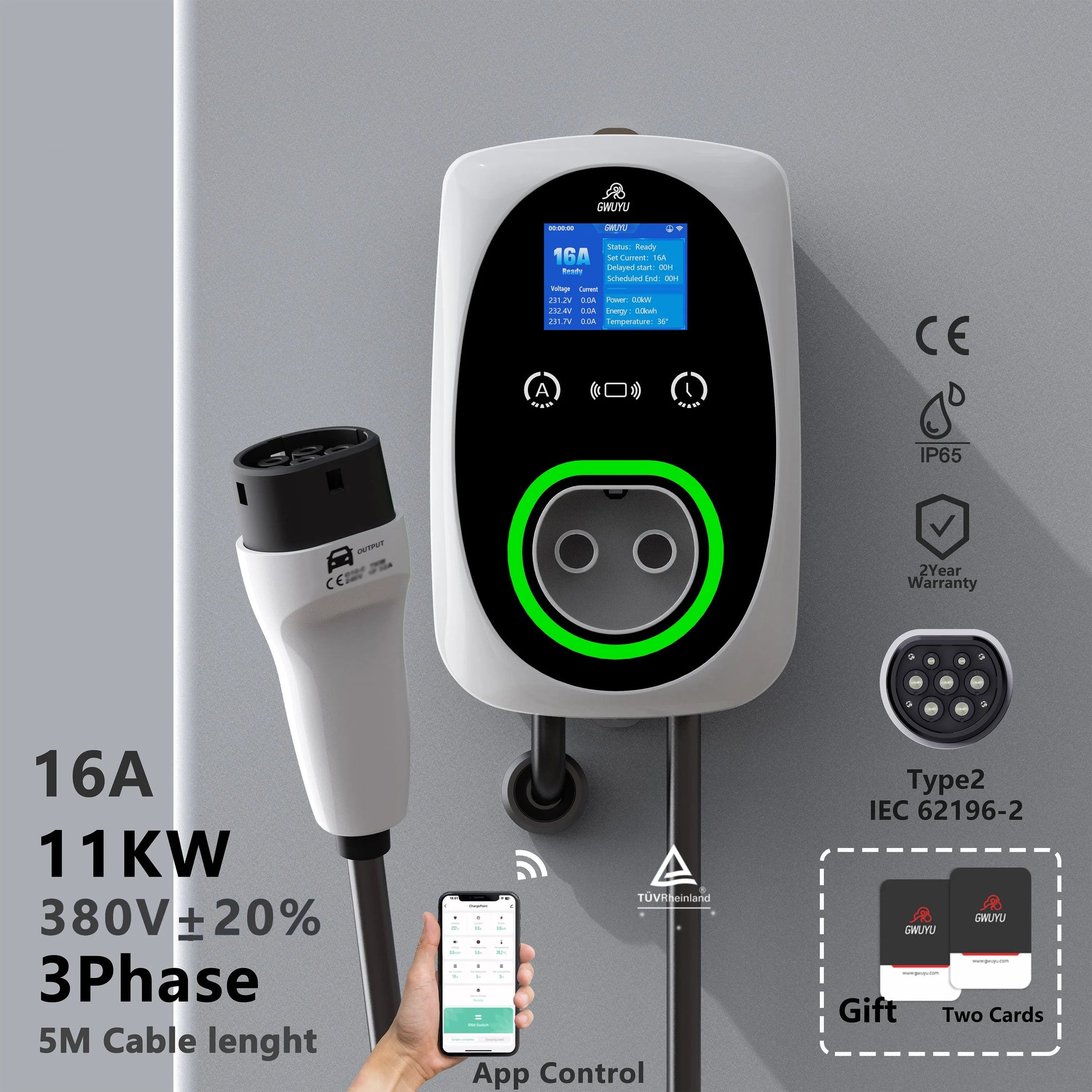 Wallbox GWUYU 11kW 16A Type 2 | Wi-Fi + APP | EVSE Doméstico