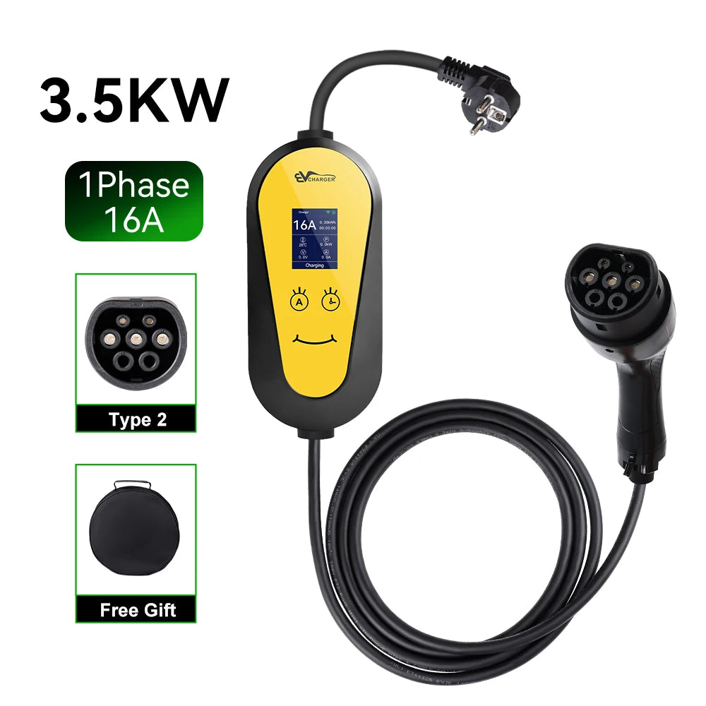 Carregador EV Portátil IPENGEN 3.5kW 16A Tipo 2 | APP | Plugue Schuko | Cabo 3.5m | Monofásico
