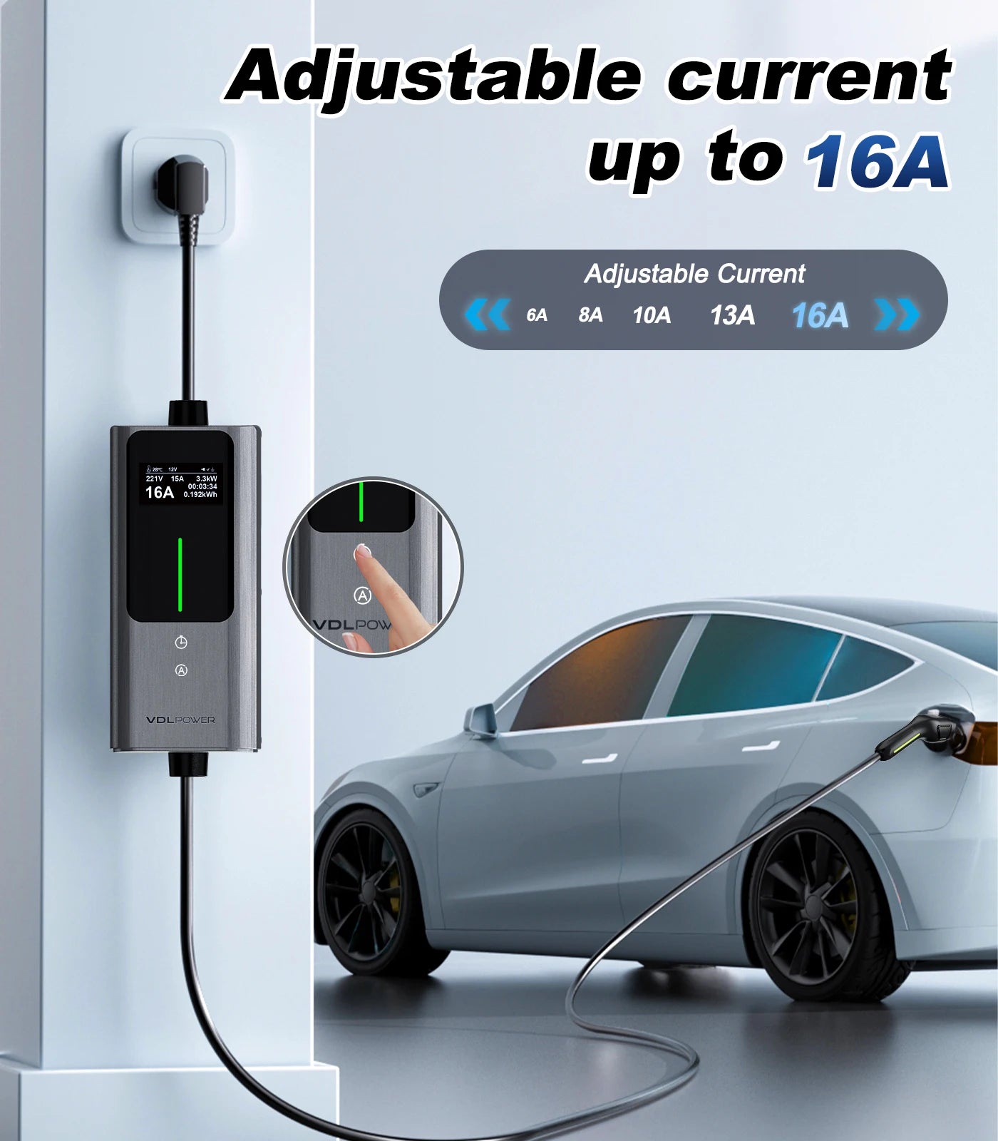 Carregador EV Portátil VDL 3.6kW 16A Tipo 2 | Cabo 5m | Corrente Ajustável | IP65 | Schuko
