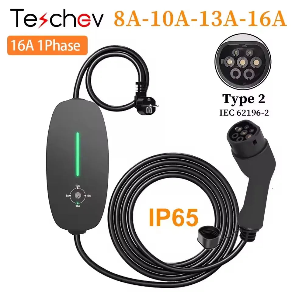 Carregador EV Portátil Teschev 3.5kW 16A | Tipo 2 ou Tipo 1 | IP55 | Cabo 3.5m | Monofásico