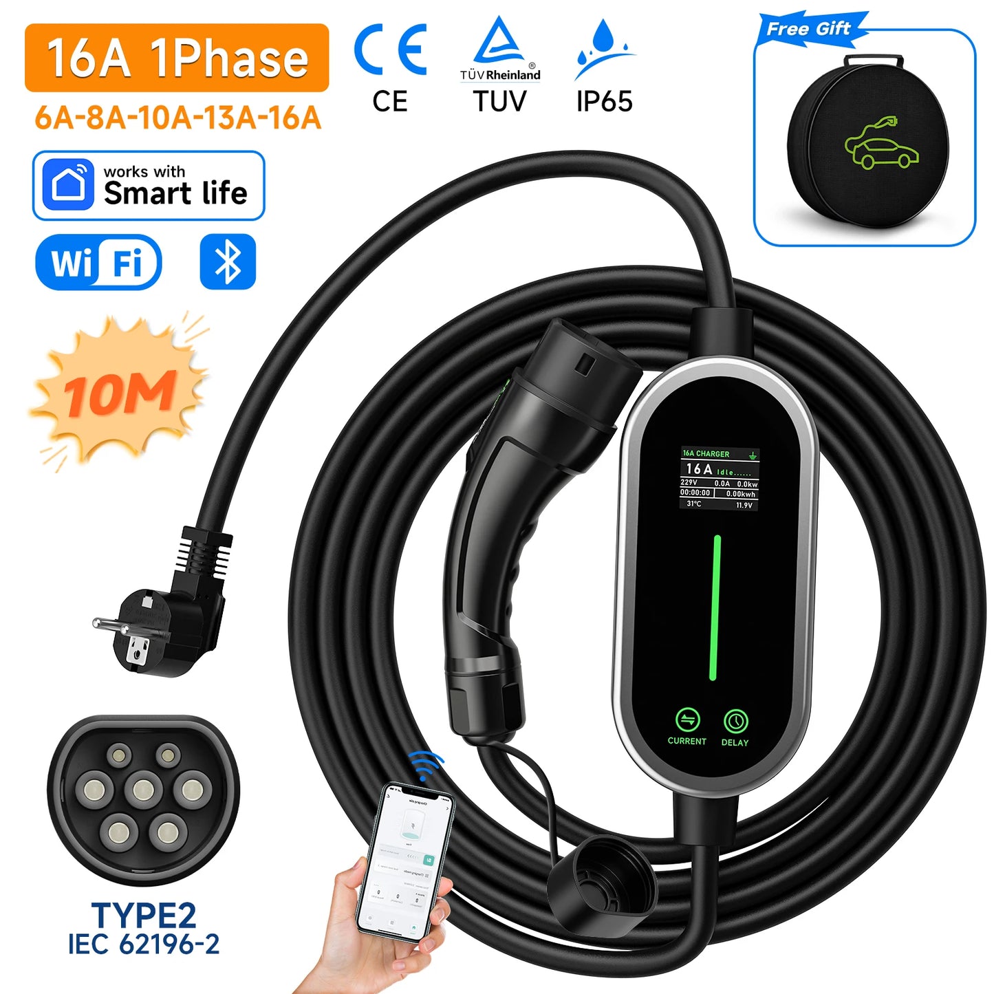 Carregador EV Portátil AFEEV 3.5kW 16A Tipo 2 | Wi-Fi + Bluetooth + APP | IP66 | Cabo 5m ou 10m
