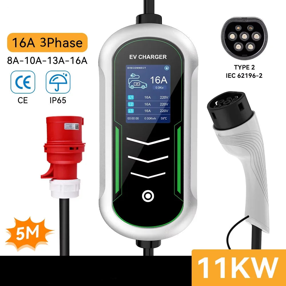 Carregador EV Portátil 11kW | Tipo 2 | Trifásico 16A | IP65 | Cabo 5m