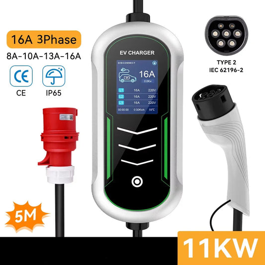 Carregador EV Portátil 11kW | Tipo 2 | Trifásico 16A | IP65 | Cabo 5m