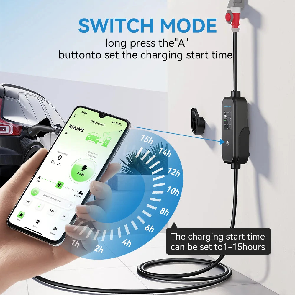 Carregador EV Portátil Khons 11kW 16A Trifásico Tipo 2 | Wi-Fi + Bluetooth + APP | IP65 | Cabo TPU 5m