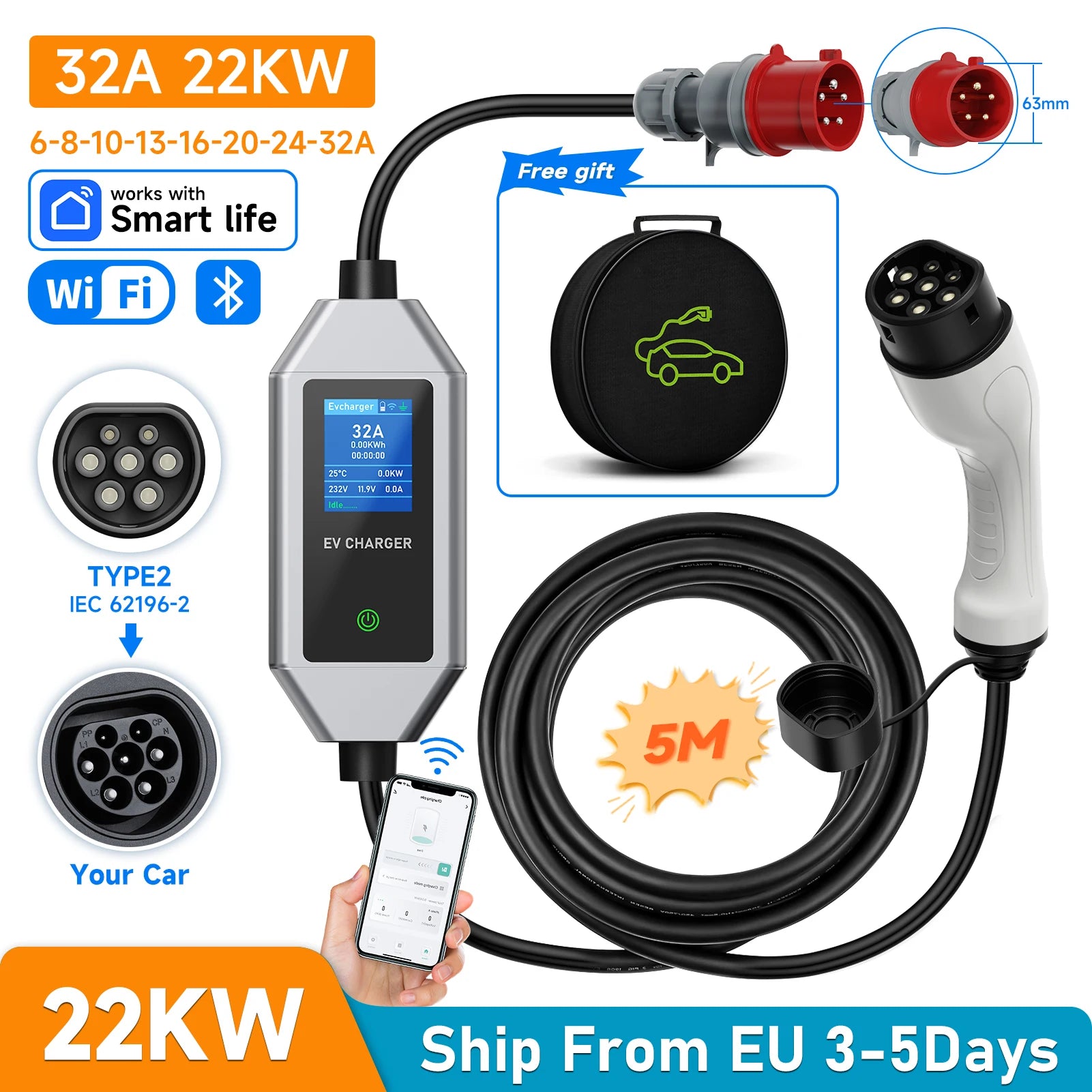 Carregador EV Portátil AFEEV 22kW 32A Trifásico Tipo 2 | Wi-Fi + Bluetooth + APP | IP66 | Cabo 5m | CEE