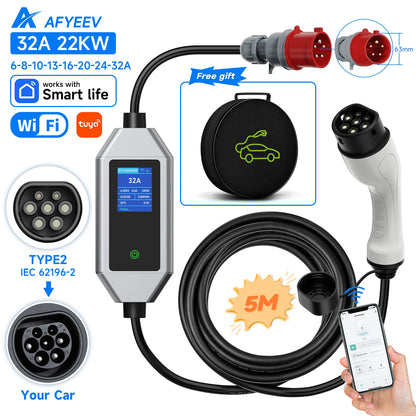 Carregador EV Portátil  Type 2 —  3.6kW / 7.2kW / 11kW / 22kW | Wi-Fi & App