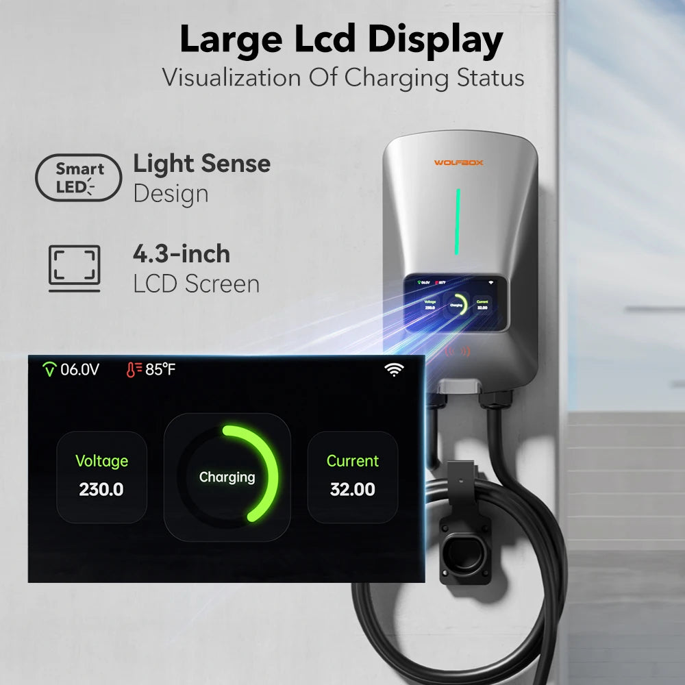 Wallbox Wolfbox 7kW 32A / 22kW 32A | Type 2 | Ecrã LCD | APP + RFID | IP66