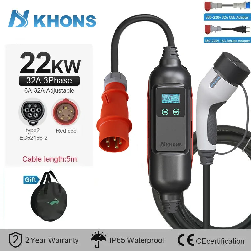 Carregador EV Portátil Khons 22kW 32A Trifásico Type 2 — Wi-Fi & App - IKERO.ENERGY