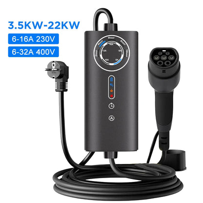 Carregador EV Portátil Junsun Tipo 2 | 3.5kW Schuko / 7.4kW CEE Azul / 11kW / 22kW CEE Vermelho | IP65