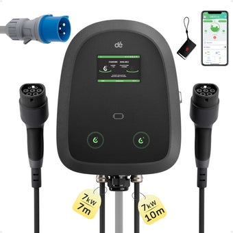 Wallbox Dual 2x7kW 32A Tipo 2 | DLB + OCPP 1.6J | Ecrã LCD 4.3" | RFID + APP | IP54 | 2 Cabos