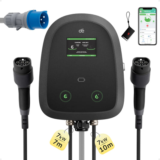Wallbox Dual 2x7kW 32A Tipo 2 | DLB + OCPP 1.6J | Ecrã LCD 4.3" | RFID + APP | IP54 | 2 Cabos
