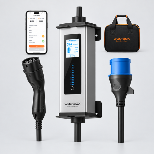 Carregador EV Portátil Wolfbox 7kW 32A Tipo 2 | Wi-Fi + Bluetooth + APP | Plugue CEE | Monofásico