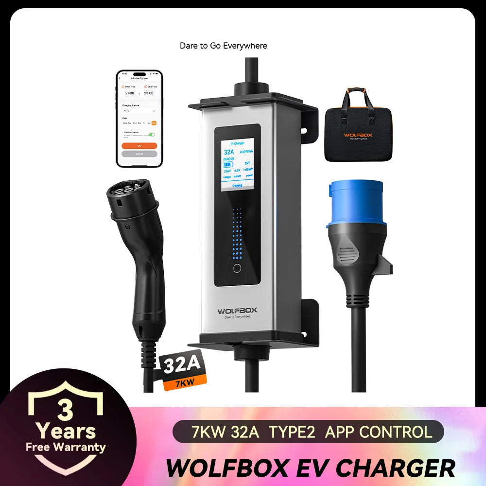 Carregador EV Portátil Wolfbox 7kW 32A Tipo 2 | Wi-Fi + Bluetooth + APP | Plugue CEE | Monofásico - IKERO.ENERGY