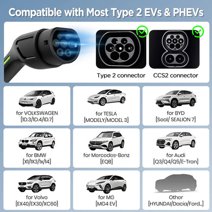 Carregador EV Portátil Junsun Tipo 2 | 3.5kW Schuko / 7.4kW CEE Azul / 11kW / 22kW CEE Vermelho | IP65
