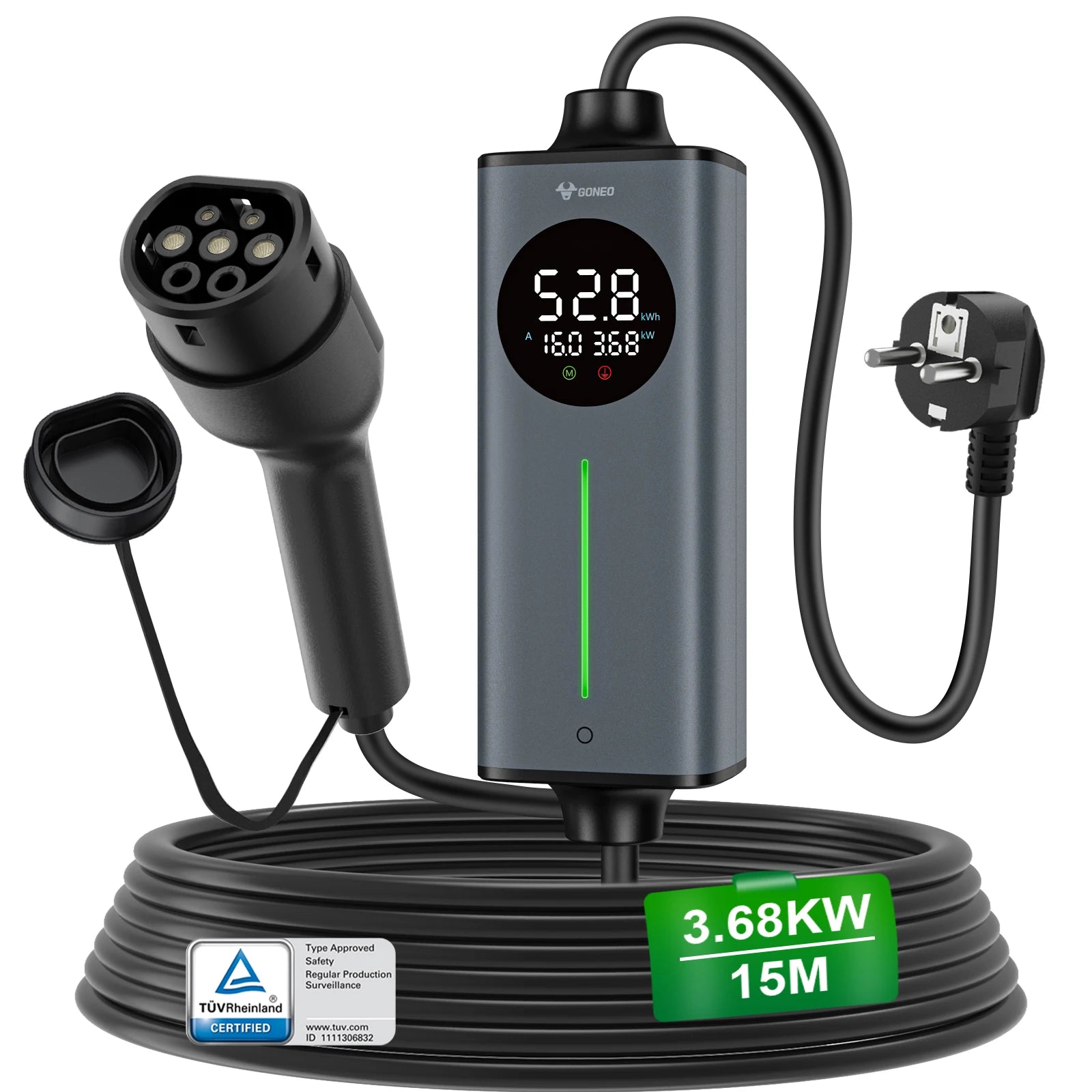 Carregador EV Portátil GONEO 3.6kW 16A Type 2 — Plugue Schuko | Cabo 5 a 20 Metros
