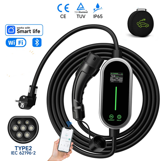 Carregador EV Portátil AFEEV 3.5kW 16A Tipo 2 | Wi-Fi + Bluetooth + APP | IP66 | Cabo 5m ou 10m