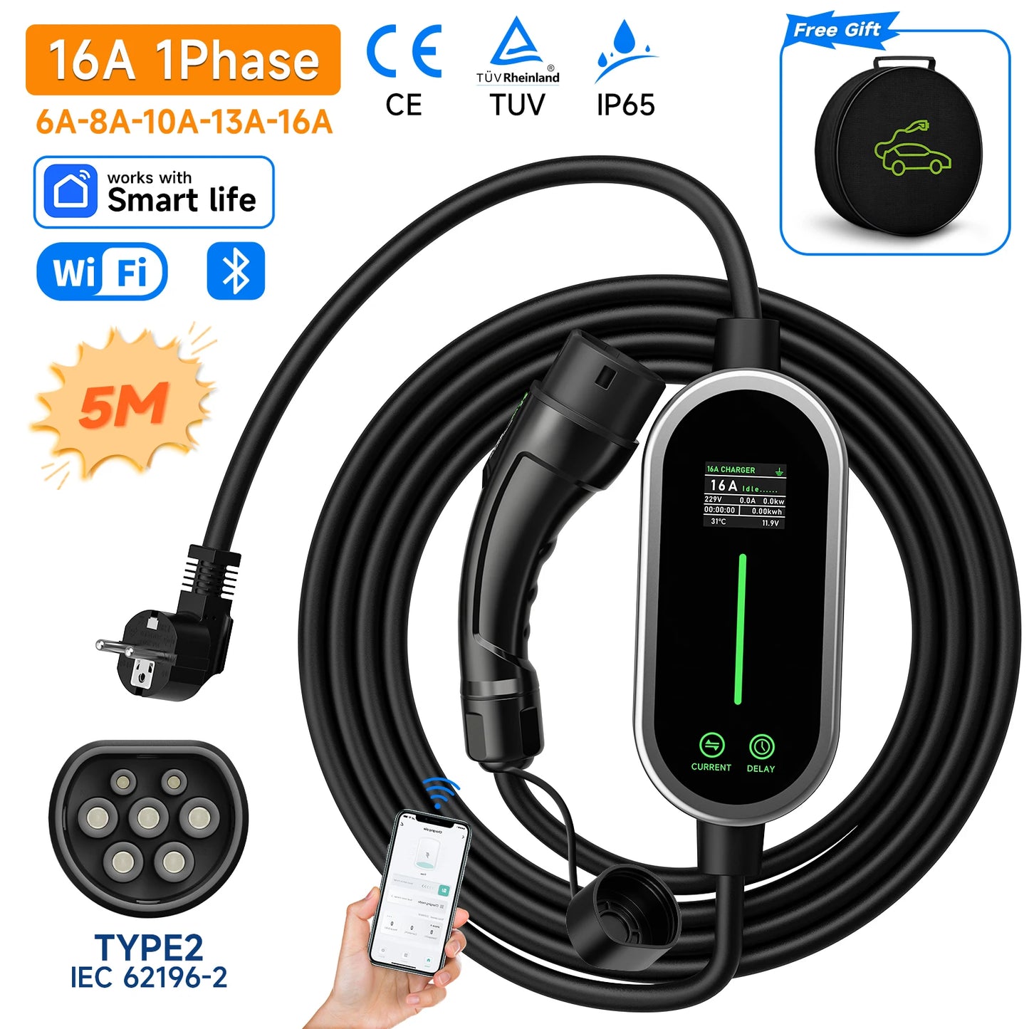 Carregador EV Portátil AFEEV 3.5kW 16A Tipo 2 | Wi-Fi + Bluetooth + APP | IP66 | Cabo 5m ou 10m