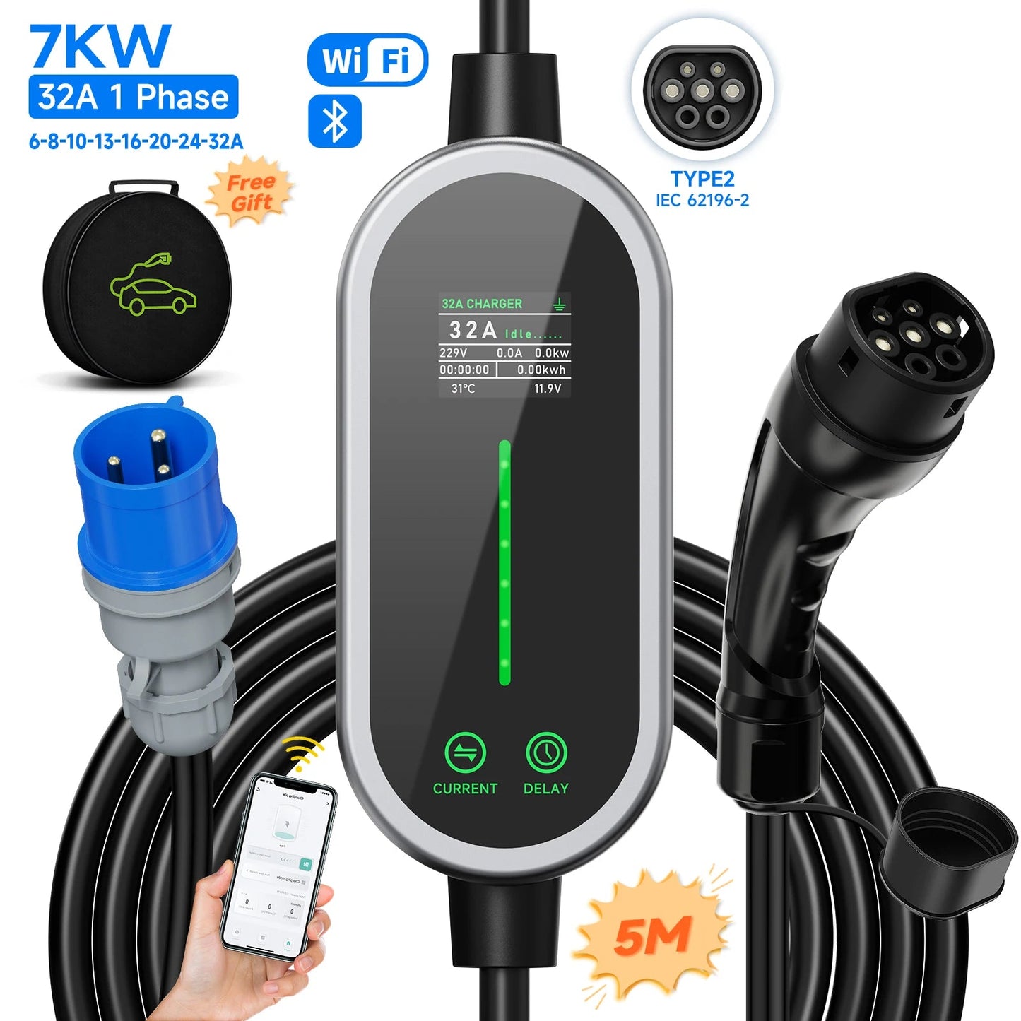 Carregador EV Portátil 7kW 32A Type 2 — Wi - Fi & App | Corrente Ajustável - IKERO.ENERGY