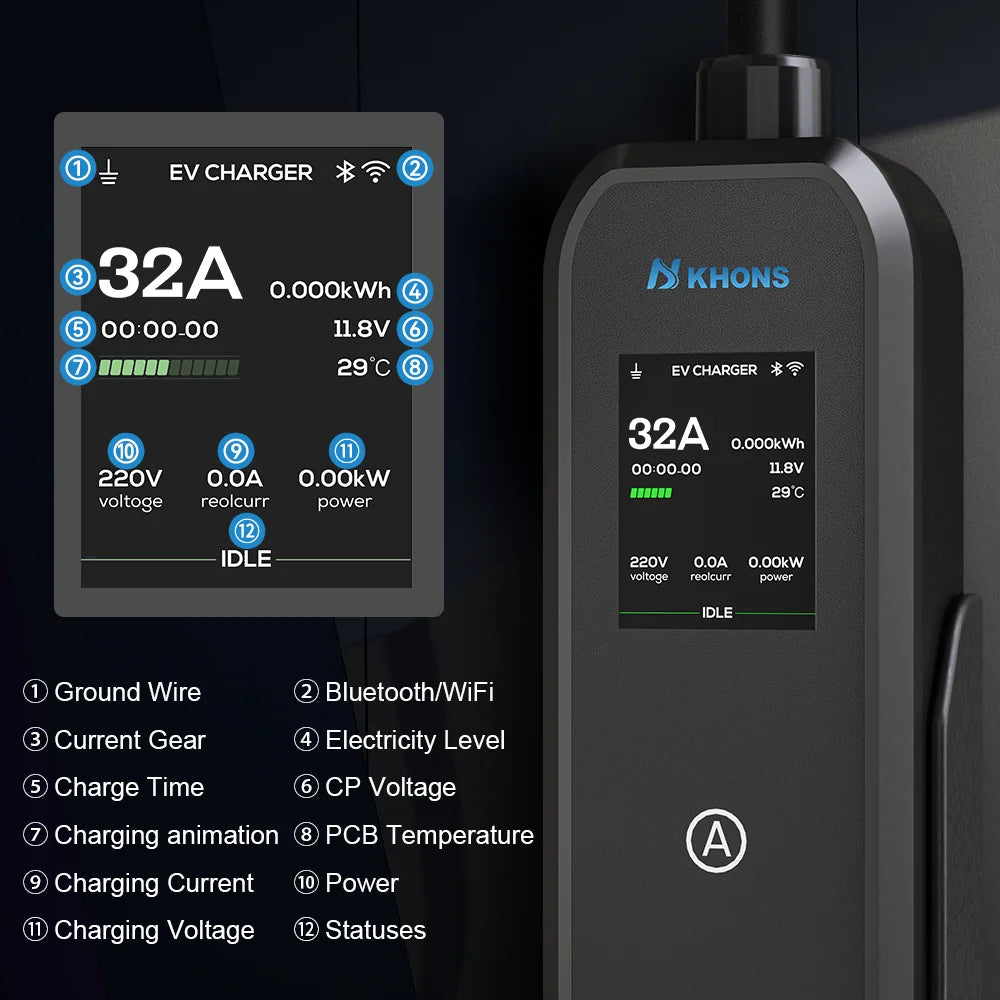 Carregador EV Portátil Khons 7kW 32A Tipo 2 | Wi-Fi + Bluetooth + APP | IP65 | Cabo TPU 5m