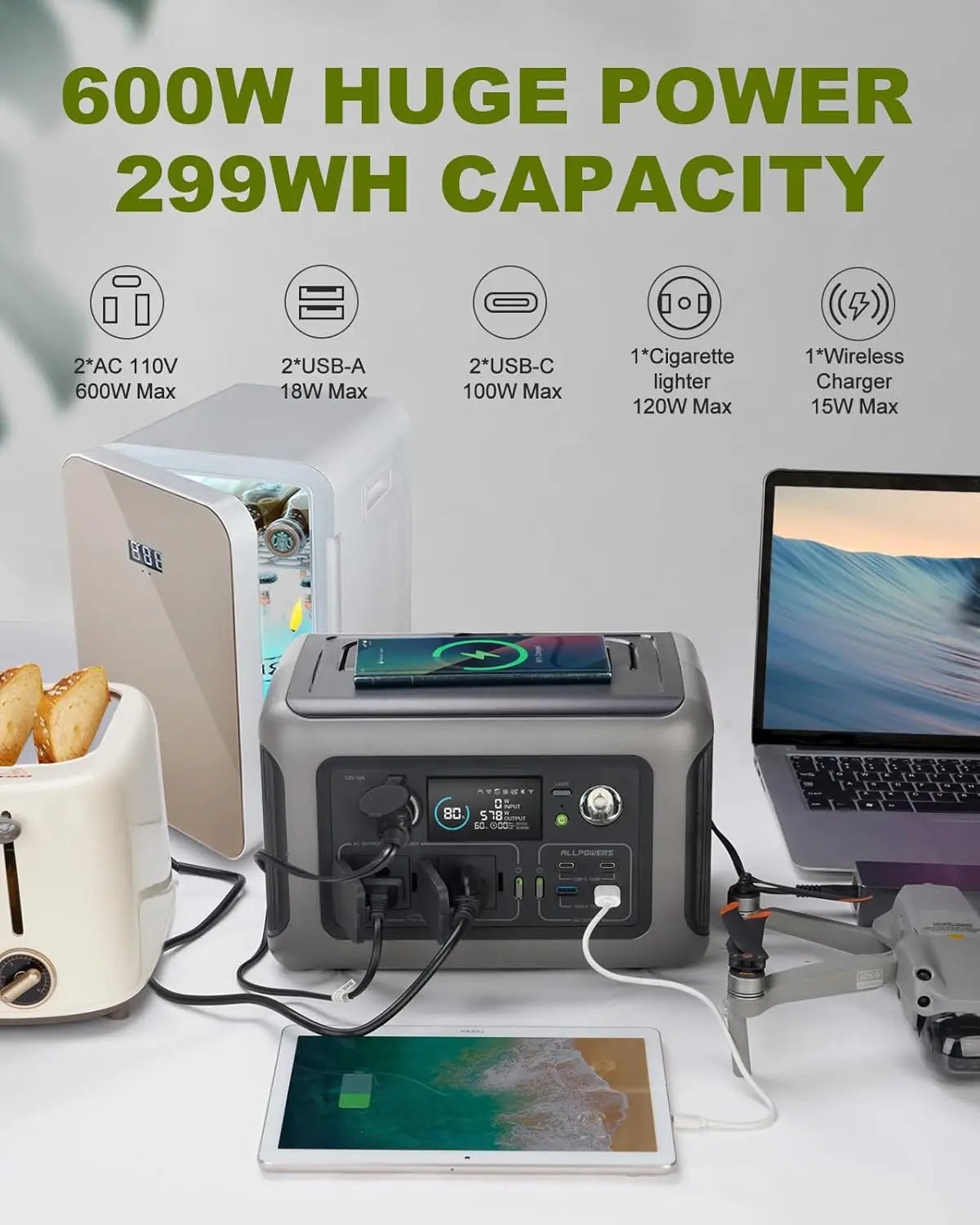 Estação de Energia ALLPOWERS R600 600W / 299Wh LiFePO4 + Painel Solar Opcional - IKERO.ENERGY