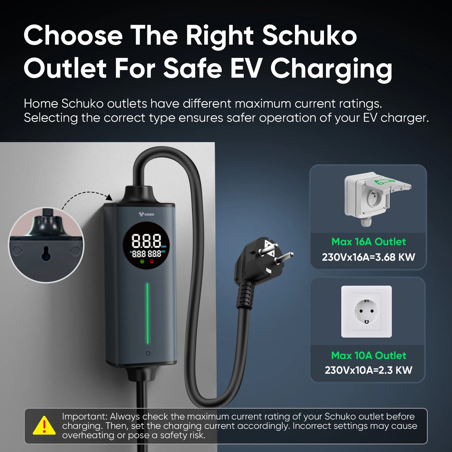 Carregador EV Portátil GONEO 3.6kW 16A Type 2 — Plugue Schuko | Cabo 5 a 20 Metros