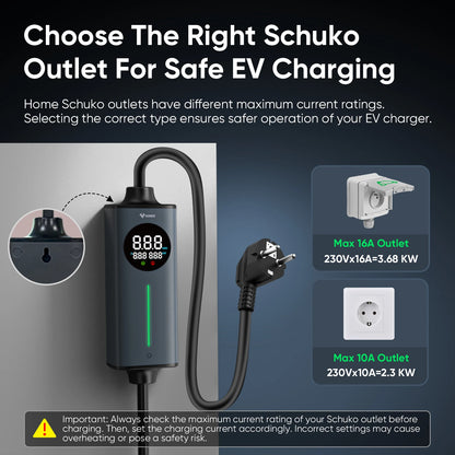 Carregador EV Portátil GONEO 3.6kW 16A Type 2 — Plugue Schuko | Cabo 5 a 20 Metros