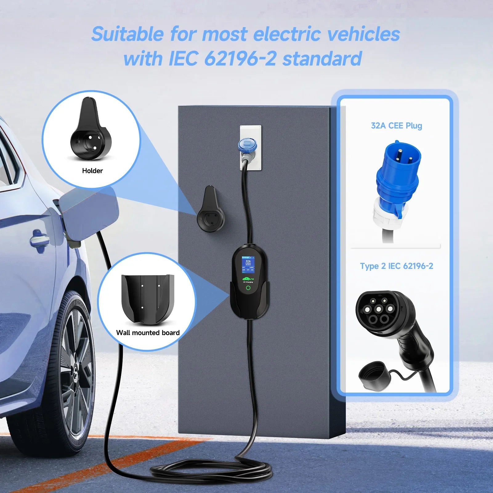 Carregador EV Portátil AFEEV 7.2kW 32A Tipo 2 | Wi-Fi + Bluetooth + APP | IP66 | Cabo 5m | CEE