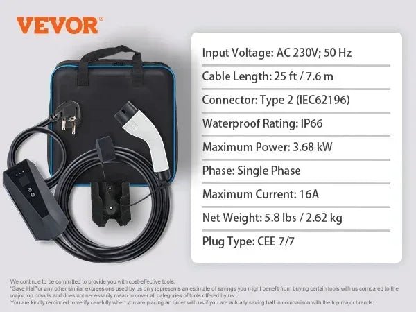 Carregador EV Portátil 3.68kW 16A Type 2 - Económico com Ecrã LCD - IKERO.ENERGY