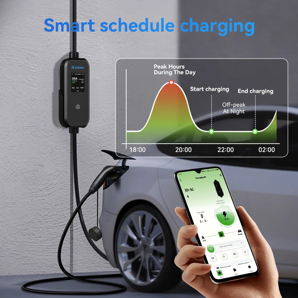 Carregador EV Portátil Khons 7kW 32A Tipo 2 | Wi-Fi + Bluetooth + APP | IP65 | Cabo TPU 5m