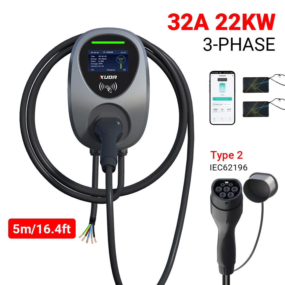Wallbox XUDA 7.6kW / 22kW Type 2 | Wi-Fi + APP + RFID | IP65 | Cabo 5m