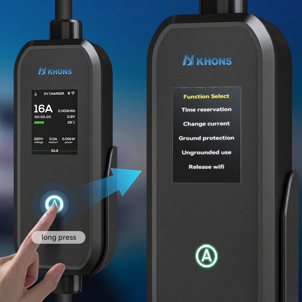Carregador EV Portátil Khons 11kW 16A Trifásico Tipo 2 | Wi-Fi + Bluetooth + APP | IP65 | Cabo TPU 5m
