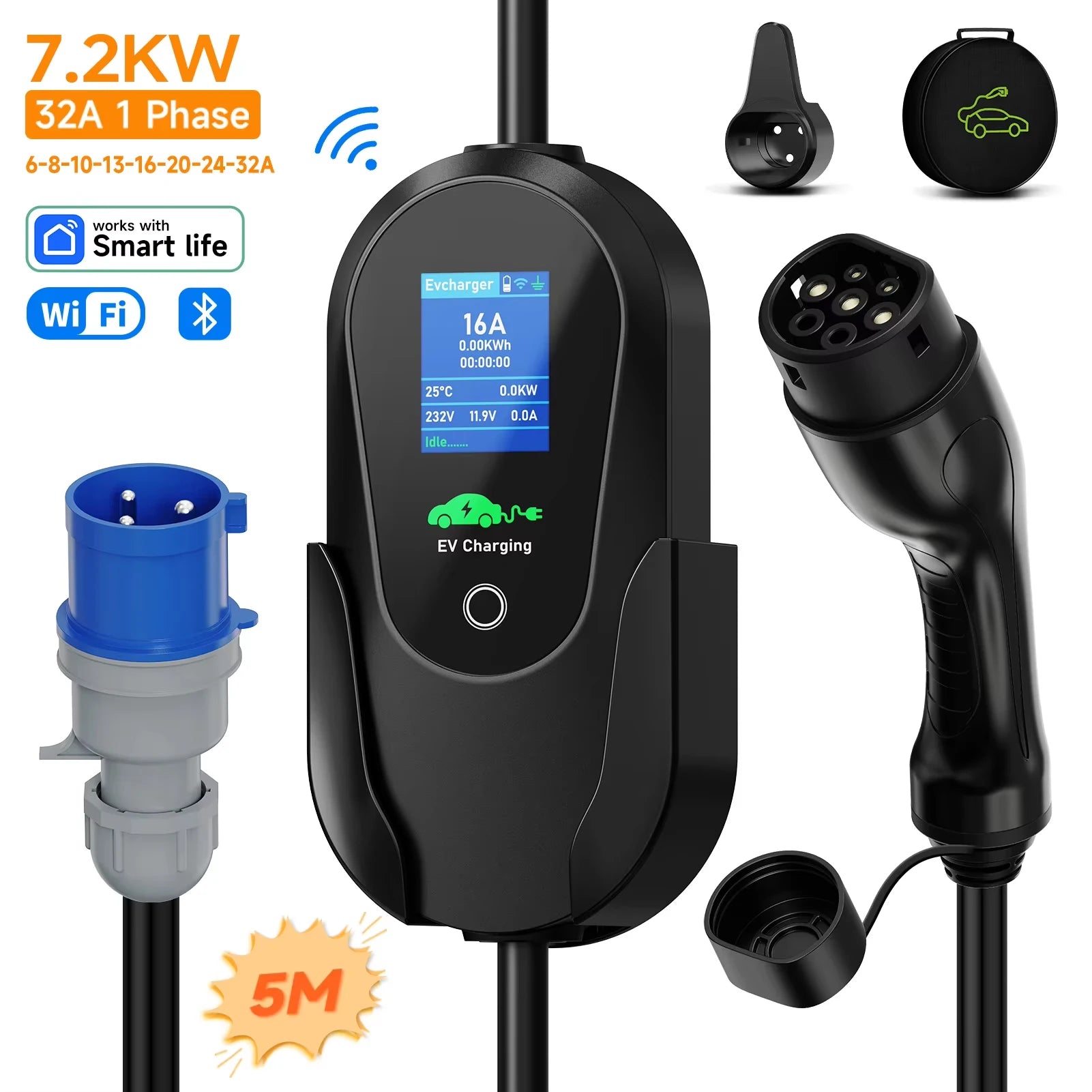 Carregador EV Portátil AFEEV 7.2kW 32A Tipo 2 | Wi-Fi + Bluetooth + APP | IP66 | Cabo 5m | CEE