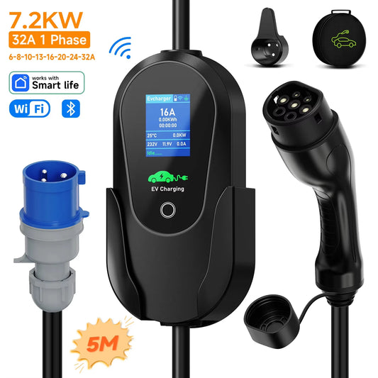 Carregador EV Portátil AFEEV 7.2kW 32A Tipo 2 | Wi-Fi + Bluetooth + APP | IP66 | Cabo 5m | CEE