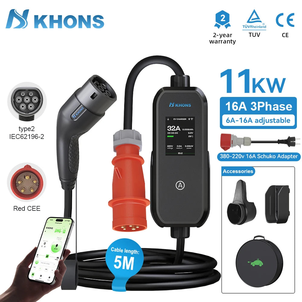 Carregador EV Portátil Khons 11kW 16A Trifásico Tipo 2 | Wi-Fi + Bluetooth + APP | IP65 | Cabo TPU 5m