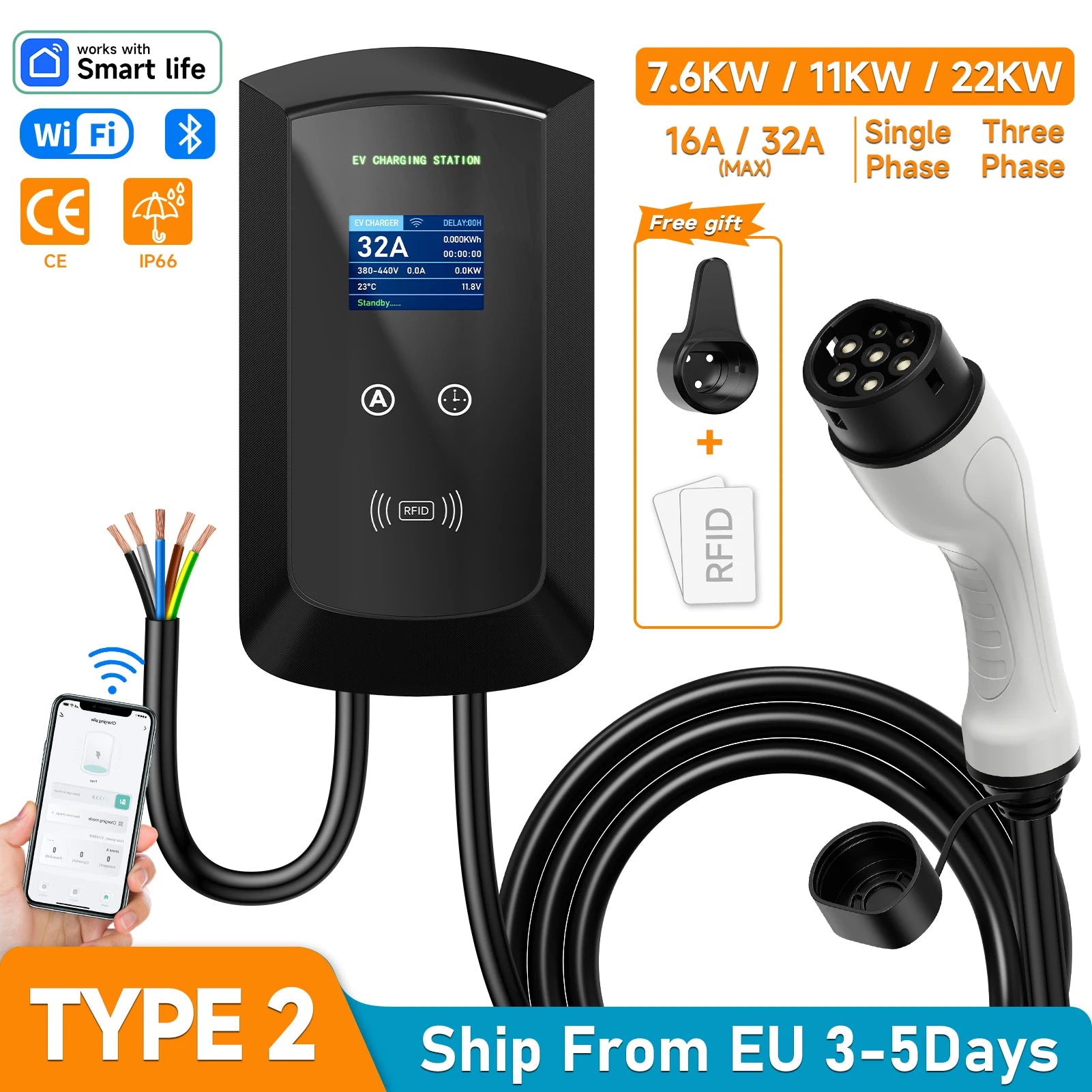 Wallbox AFEEV 7.6kW 32A / 11kW 16A / 22kW 32A | Type 2 | Wi-Fi + APP | IP66