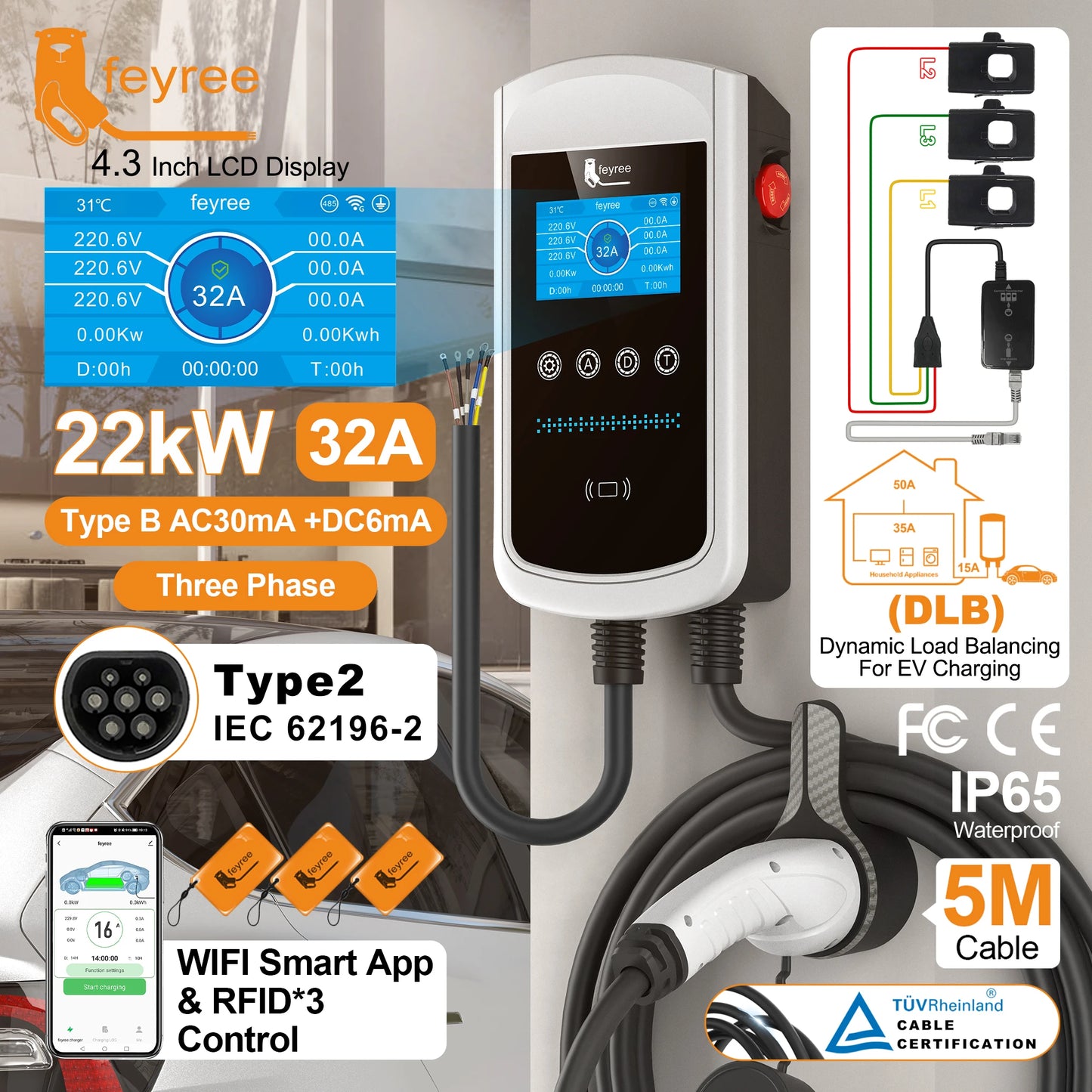 Wallbox Feyree 7.6kW 32A / 11kW 16A / 22kW 32A | Type 2 | DLB | Ecrã 4.3" | 1/3 Fases