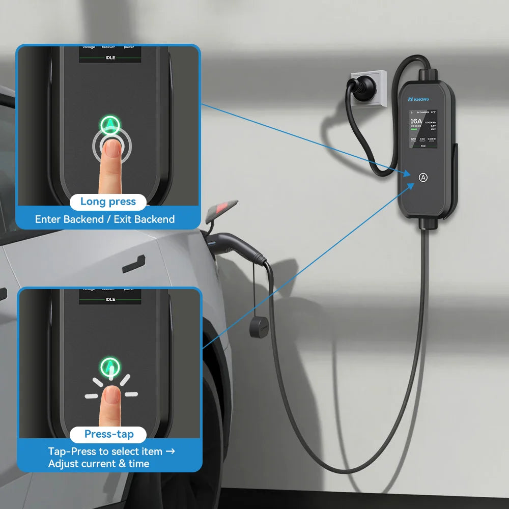 Carregador EV Portátil Khons 3.5kW 16A Tipo 2 | Bluetooth + APP | IP65 | Cabo TPU 5m | Schuko