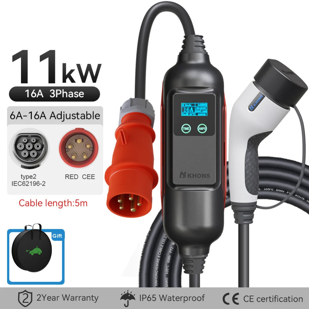 Carregador EV Portátil Khons 11kW 16A Trifásico Type 2