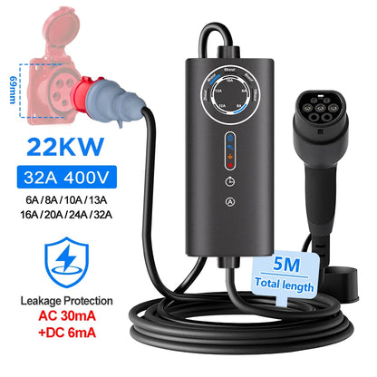 Carregador EV Portátil Junsun Tipo 2 | 3.5kW Schuko / 7.4kW CEE Azul / 11kW / 22kW CEE Vermelho | IP65