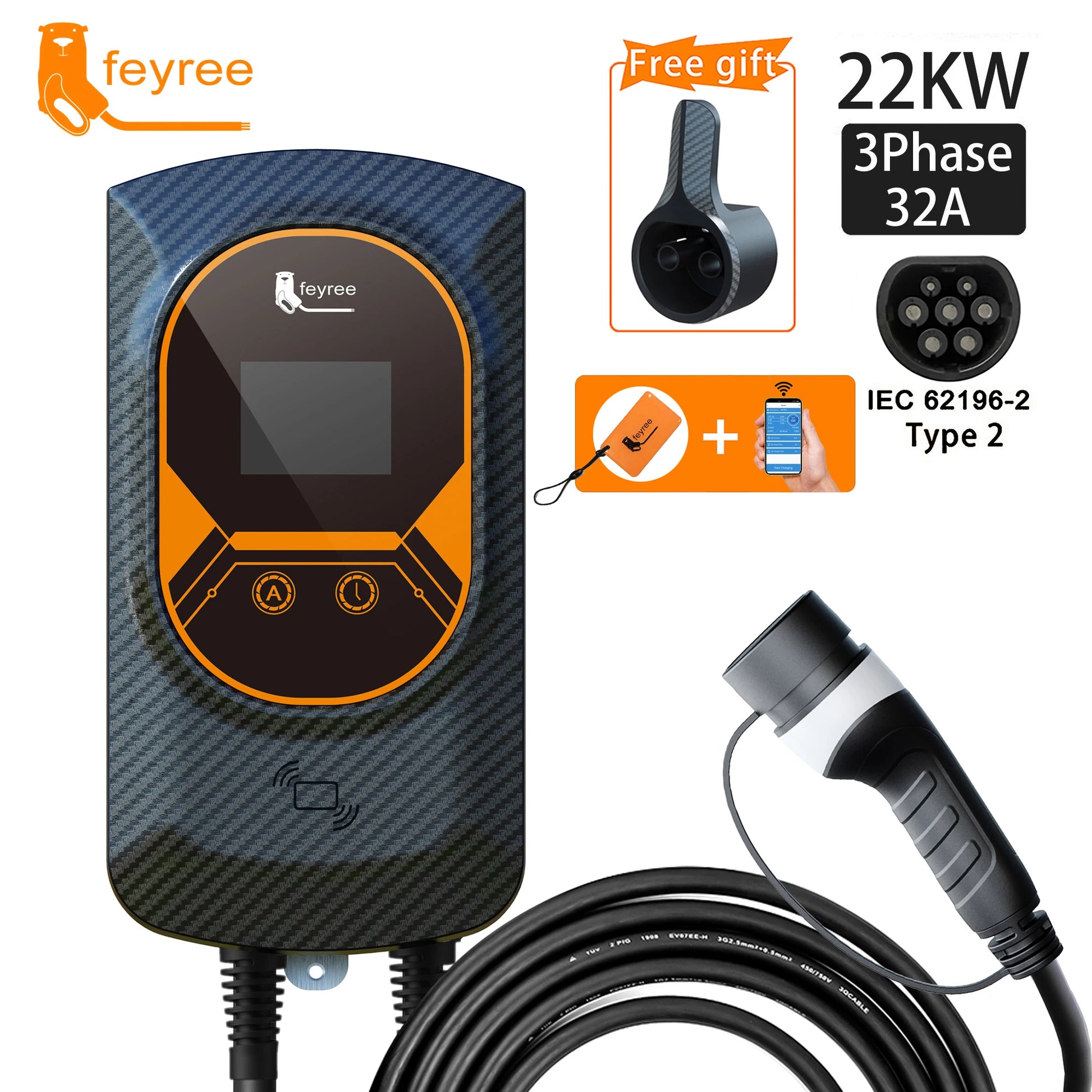 Wallbox Feyree 7.6kW 32A / 11kW 16A / 22kW 32A | Type 2 | Wi-Fi + APP + RFID | IP66