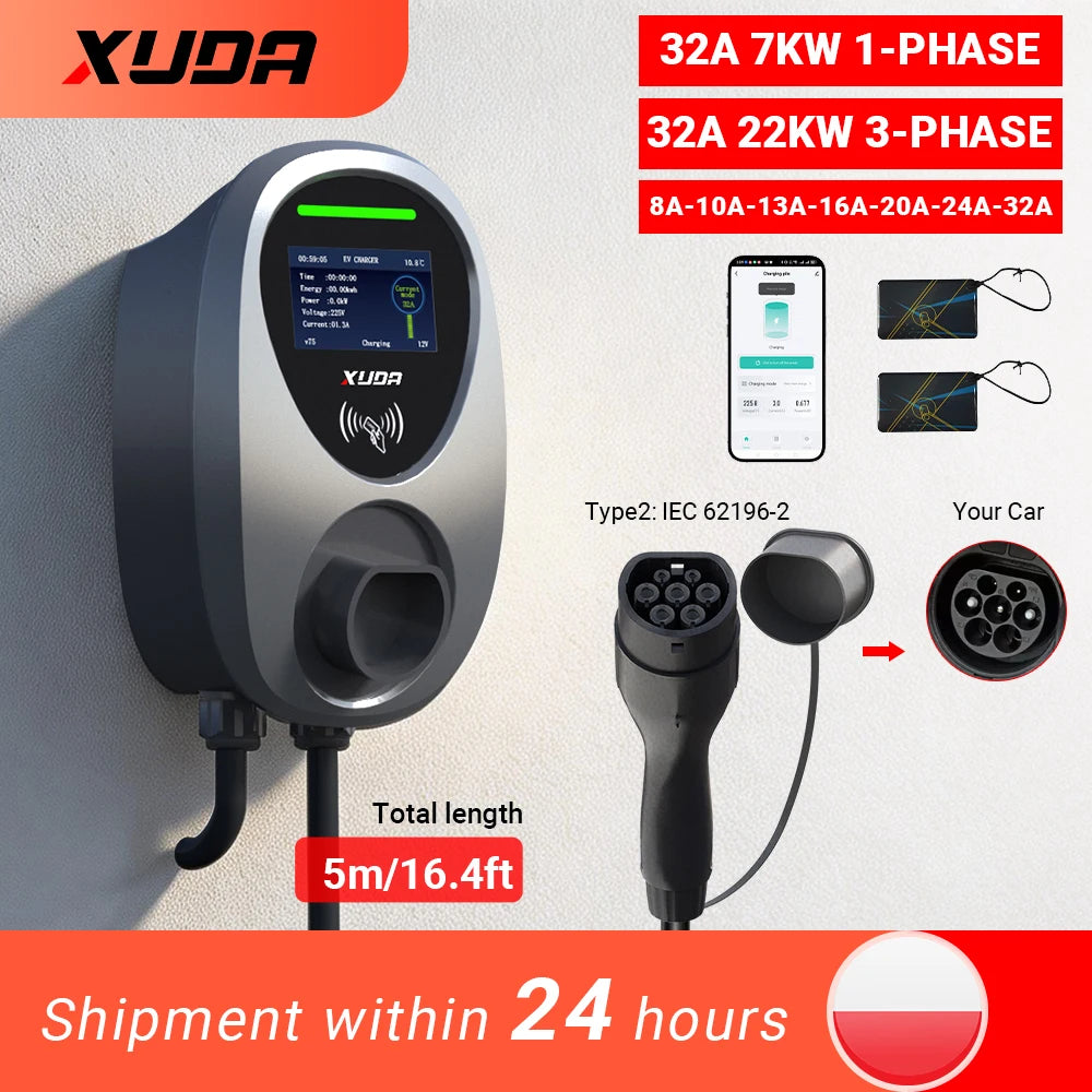 Wallbox XUDA 7.6kW / 22kW Type 2 | Wi-Fi + APP + RFID | IP65 | Cabo 5m